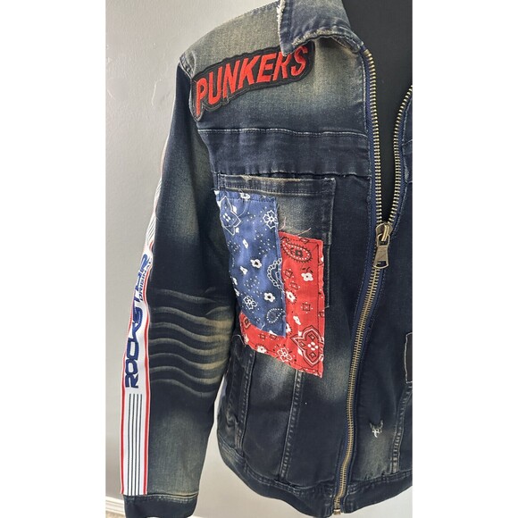 ROCKSTAR ORIGINAL Distressed Full Zip Patchwork Denim Jean Jacket Size Small EUC - Picture 2 of 7
